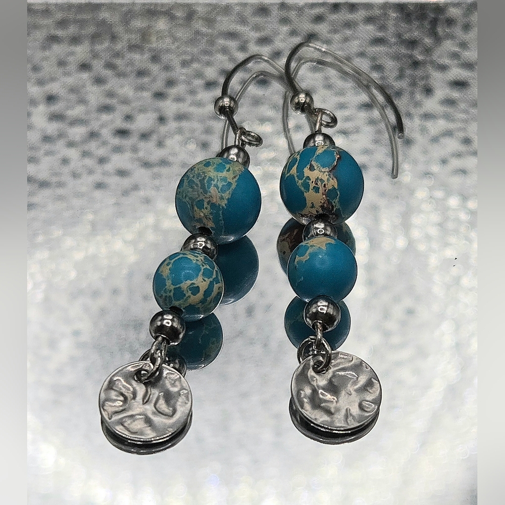Handmade Stainless Steel Blue Imperial Jasper Dangle Earrings